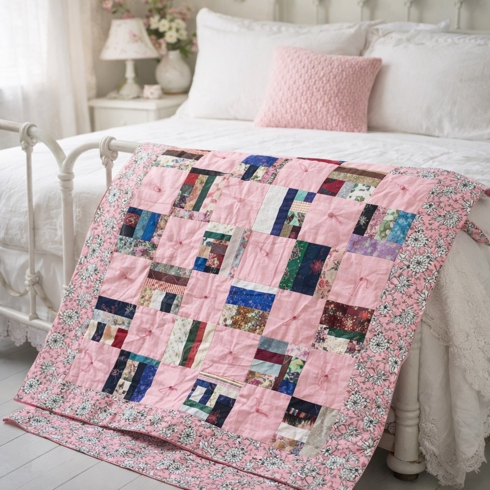 Handmade‎ Pink Patchwork Tied Quilt Floral Border Scrappy Design 54x70